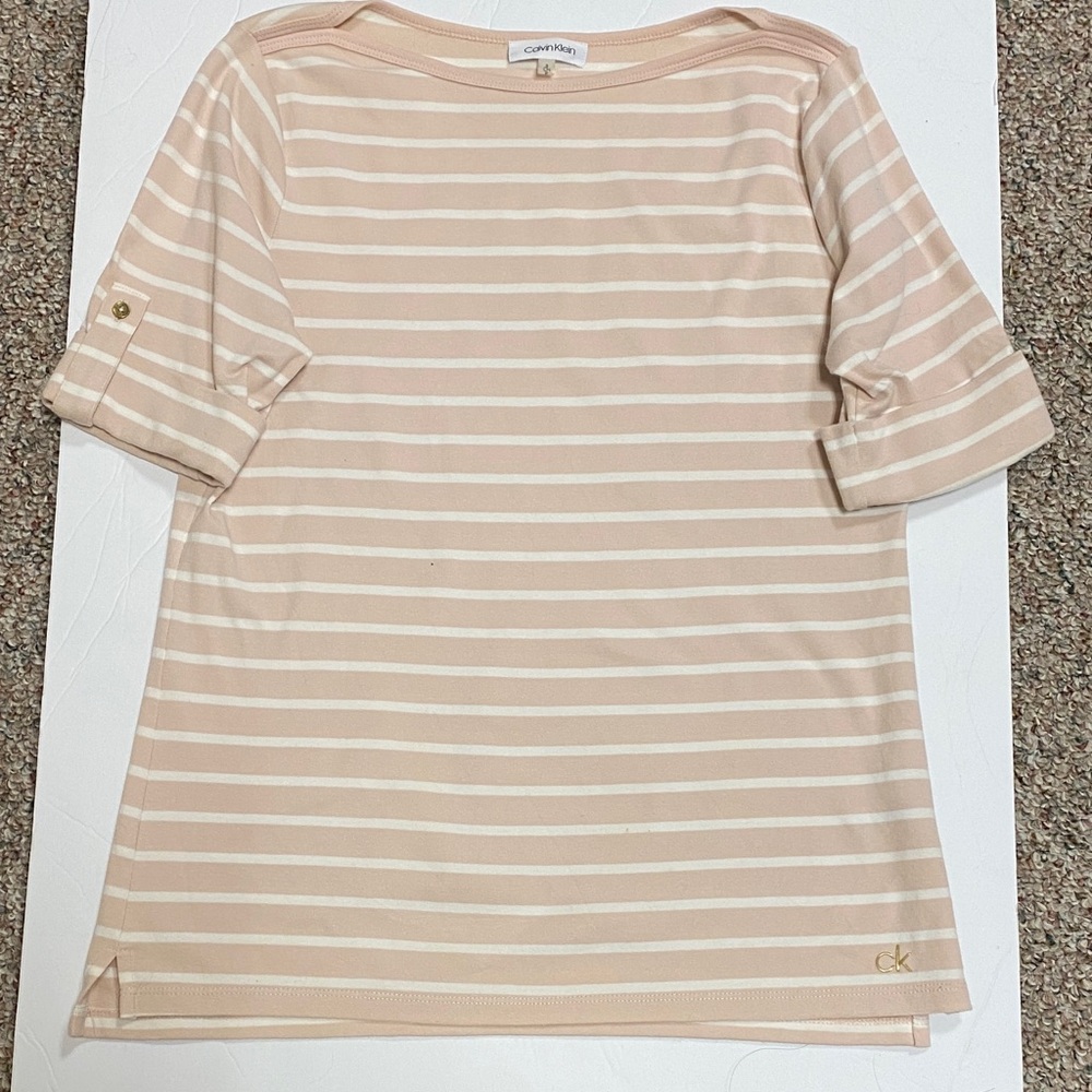 Calvin Klein Beige and Cream boat neck small Striped Top